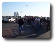  A long line at the registration booth.